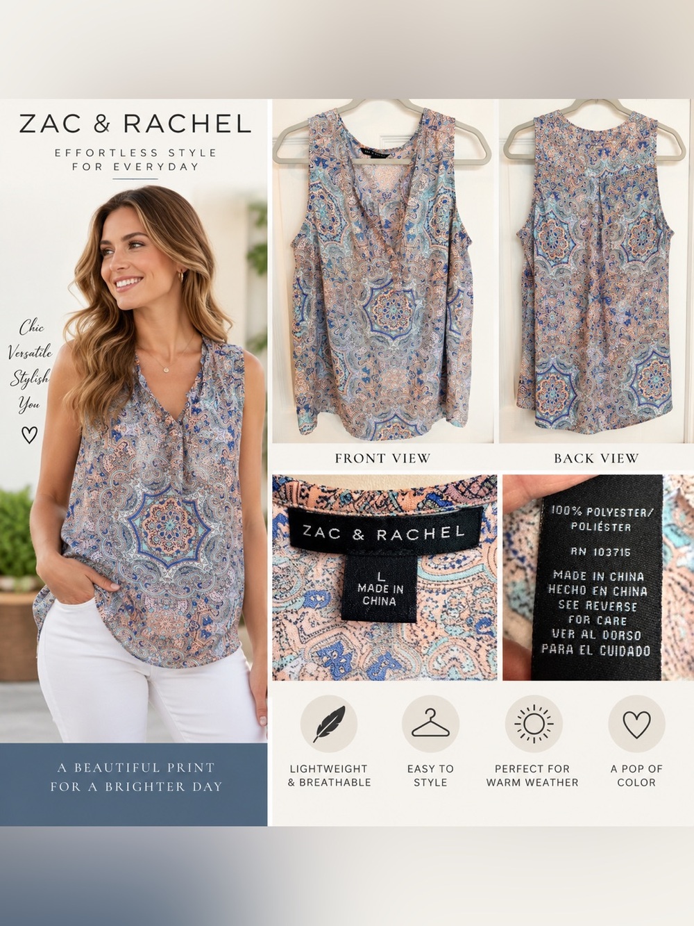 Zac & Rachel Women's Blue Paisley Sleeveless V-Neck Top